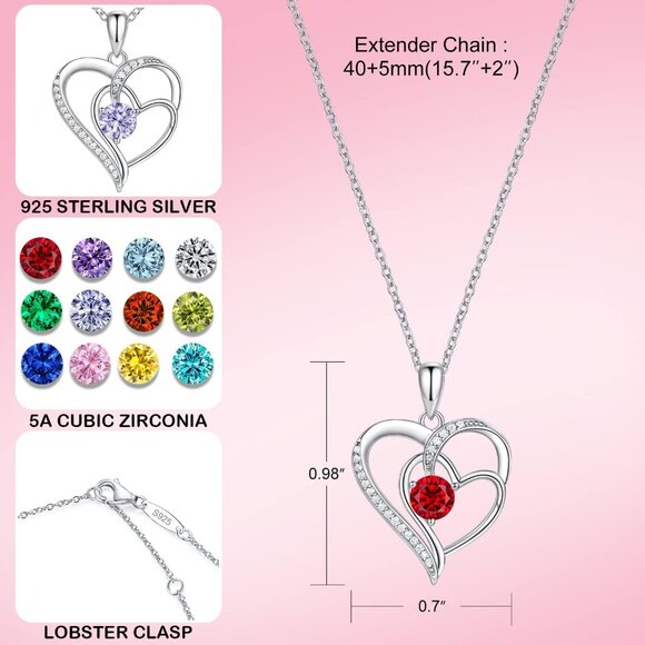 Birthstone Heart Necklace for Women 18K White Gold Silver Cubic Zirconia Gift - Picture 3 of 6